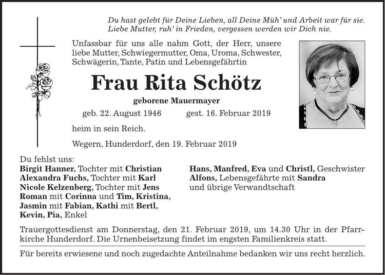 Traueranzeige Rita Schötz
