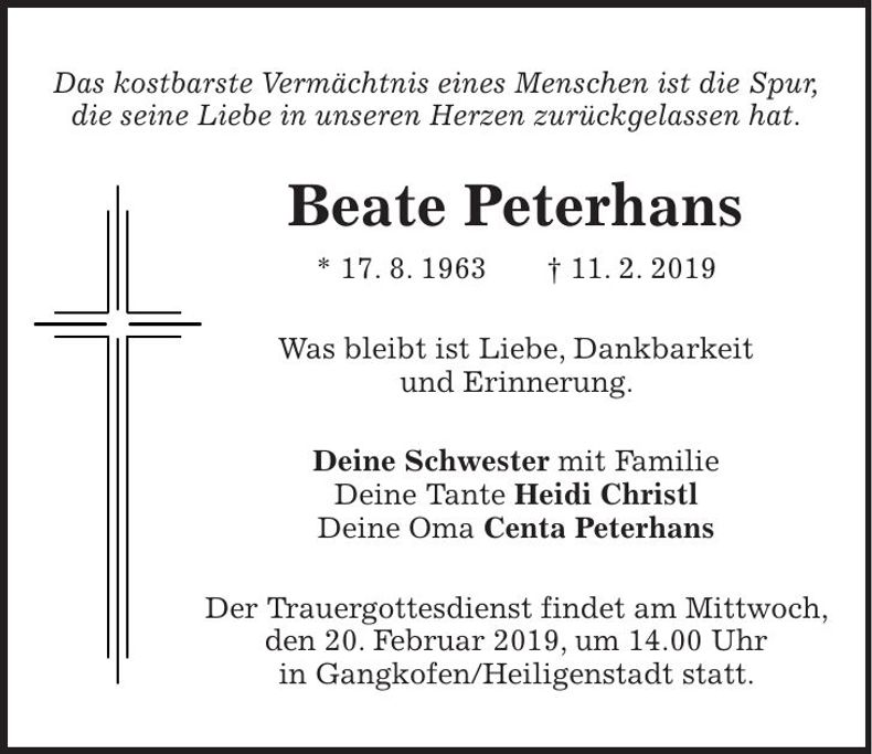Traueranzeige Beate Peterhans