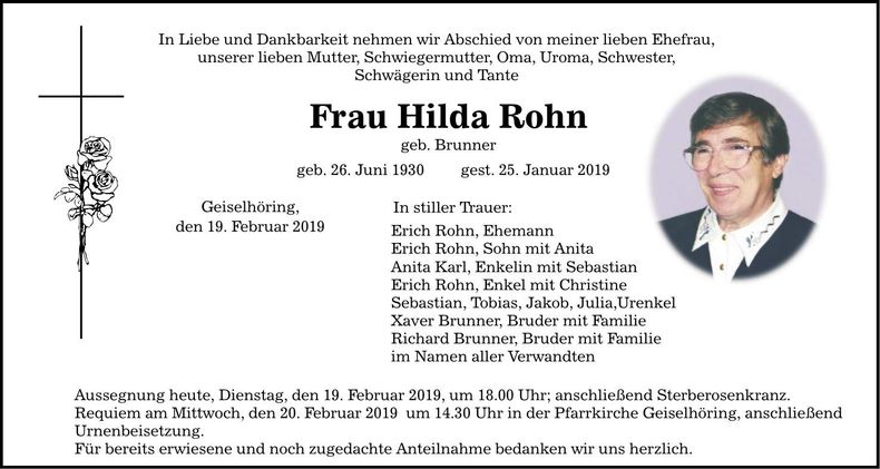 Traueranzeige Hilda Rohn