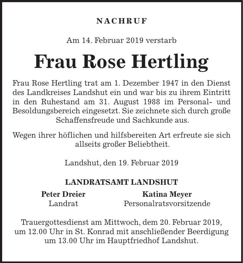Traueranzeige Rose Hertling