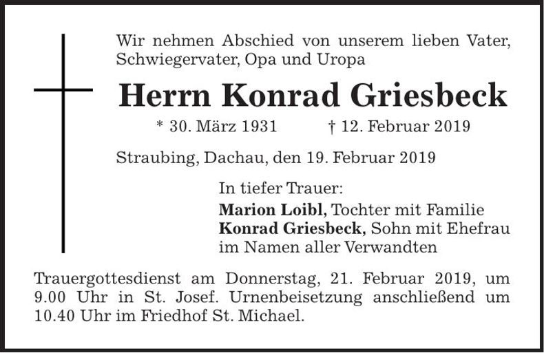 Traueranzeige Konrad Griesbeck