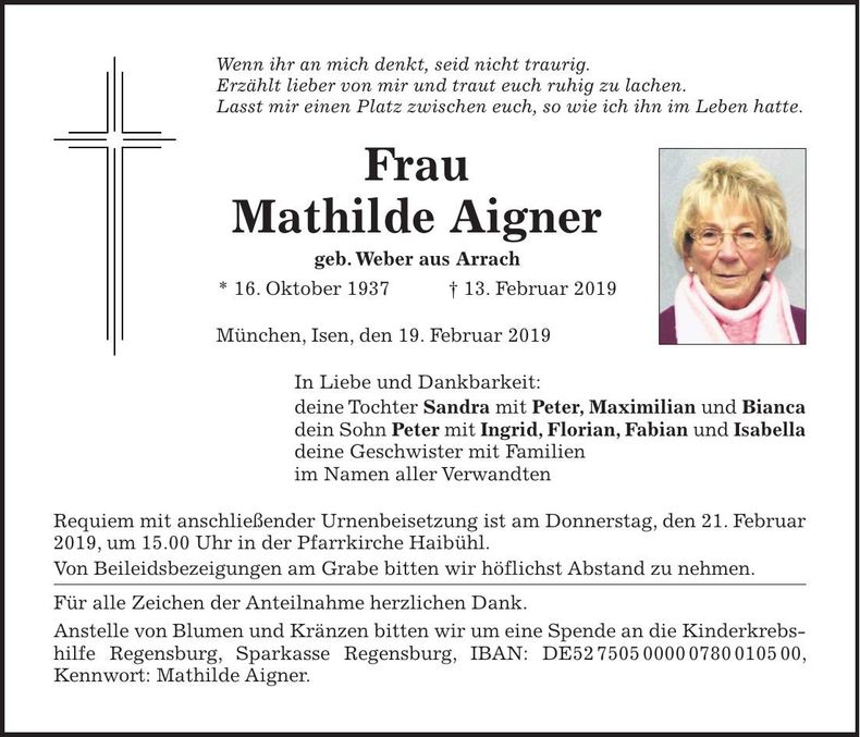 Traueranzeige Mathilde Aigner