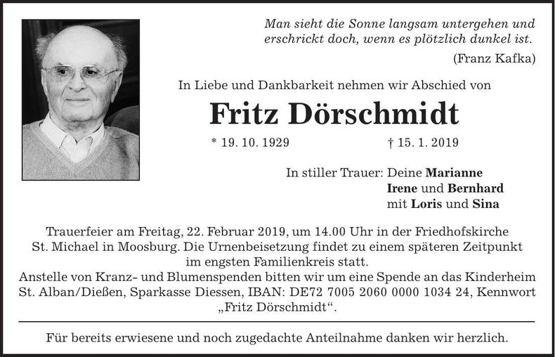 Traueranzeige Fritz Dörschmidt