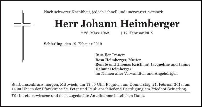 Traueranzeige Johann Heimberger