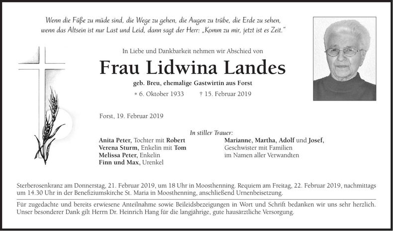 Traueranzeige Lidwina Landes