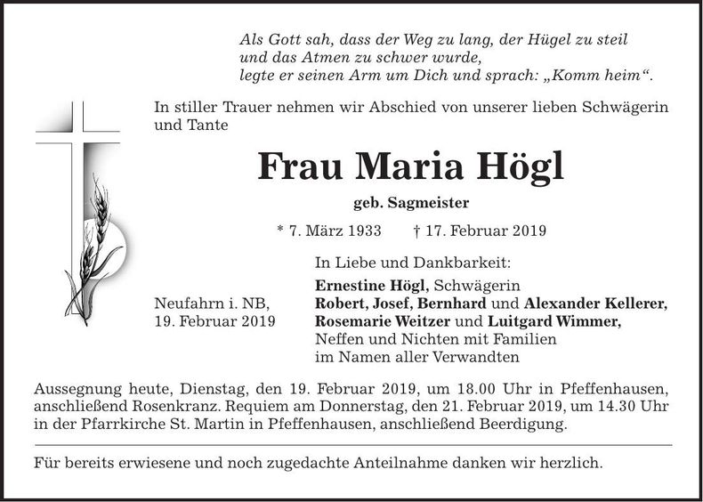 Traueranzeige Maria Högl