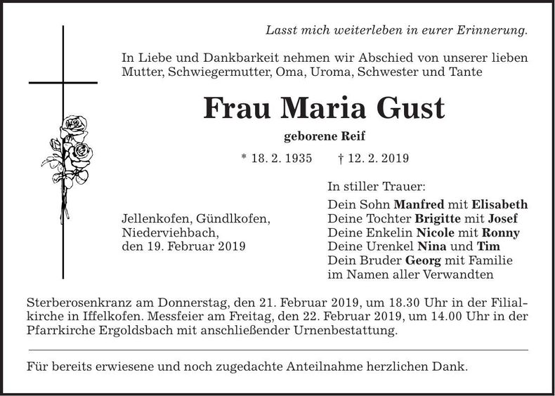 Traueranzeige Maria Gust