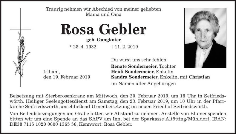 Traueranzeige Rosa Gebler