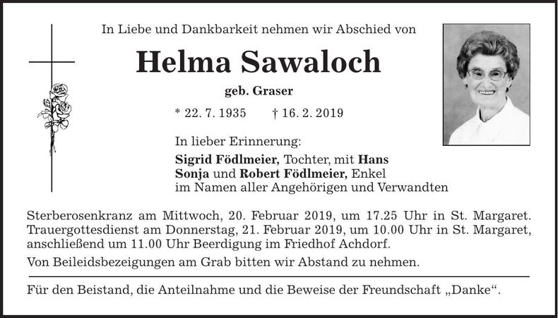 Traueranzeige Helma Sawaloch