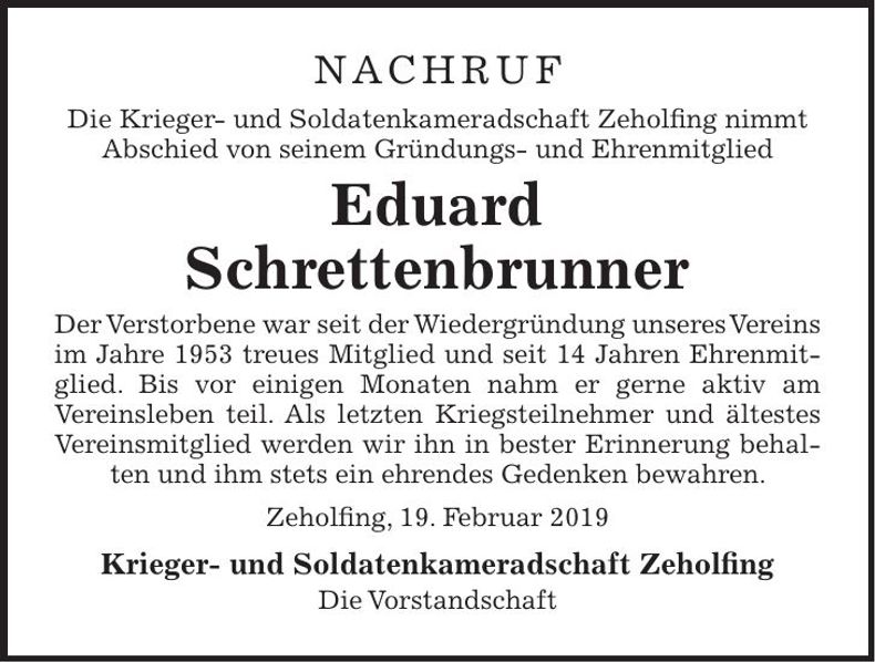 Traueranzeige Eduard Schrettenbrunner