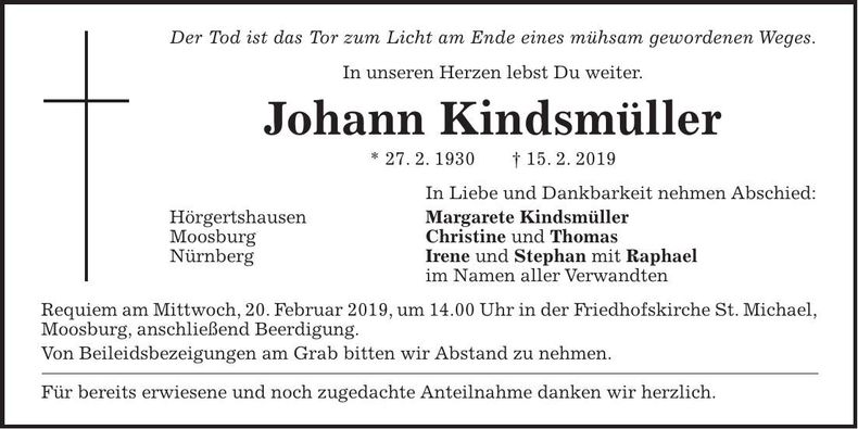Traueranzeige Johann Kindsmüller
