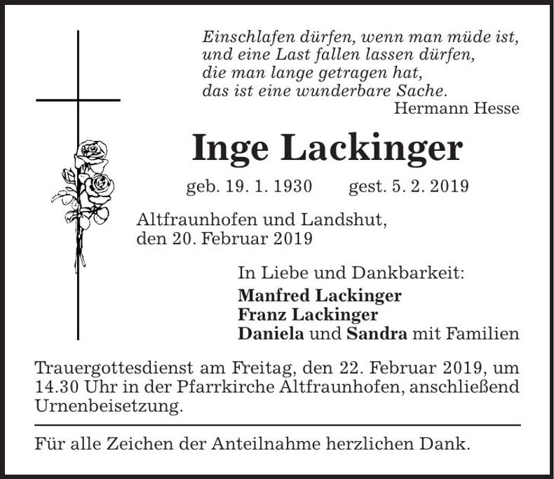 Traueranzeige Inge Lackinger