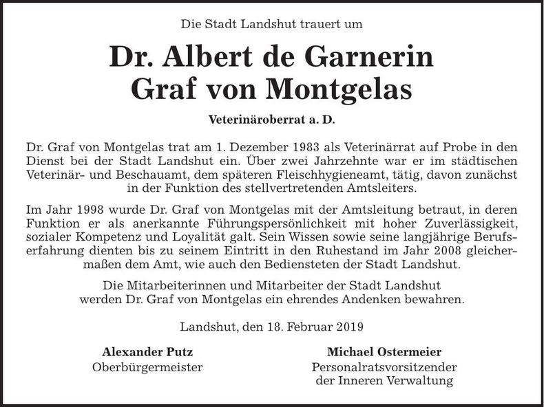 Traueranzeige Albert Dr. de Garnerin Graf von Montgelas
