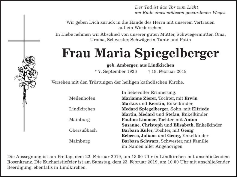 Traueranzeige Maria Spiegelberger