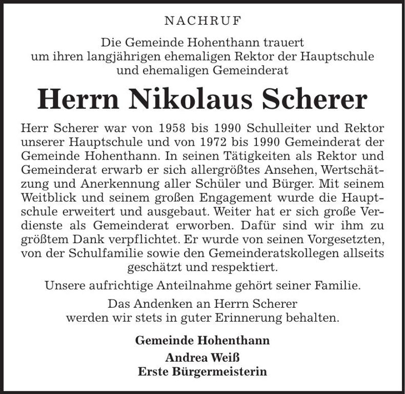 Traueranzeige Nikolaus Scherer
