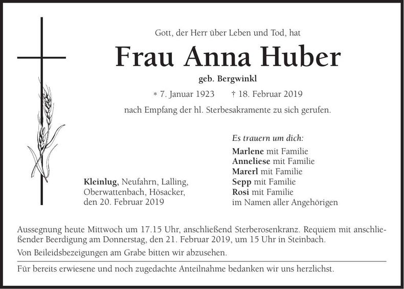 Traueranzeige Anna Huber