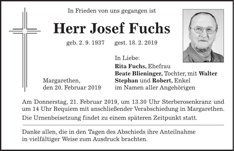 Traueranzeige Josef Fuchs