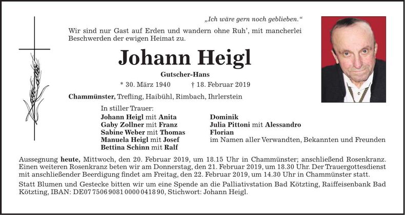 Traueranzeige Johann Heigl
