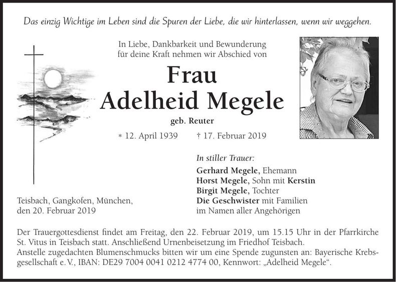 Traueranzeige Adelheid Megele