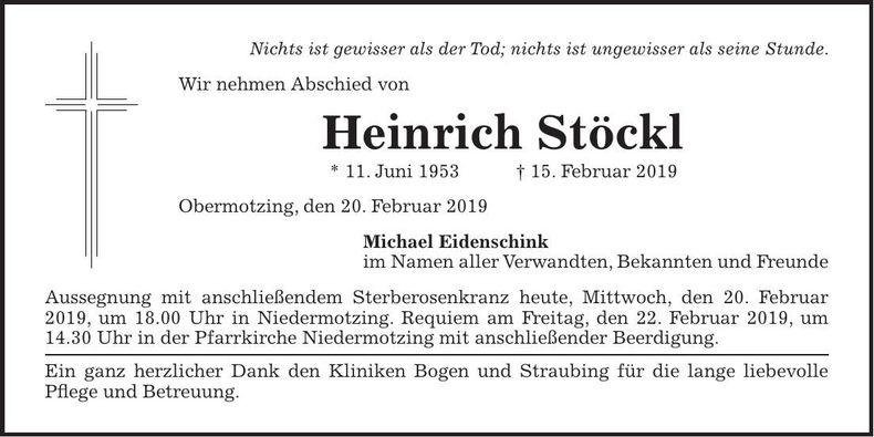 Traueranzeige Heinrich Stöckl