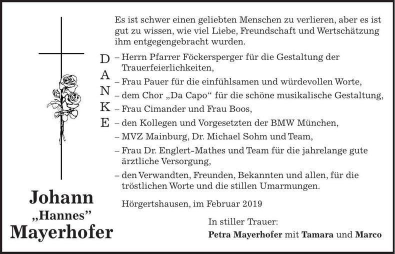 Traueranzeige Johann "Hannes" Mayerhofer