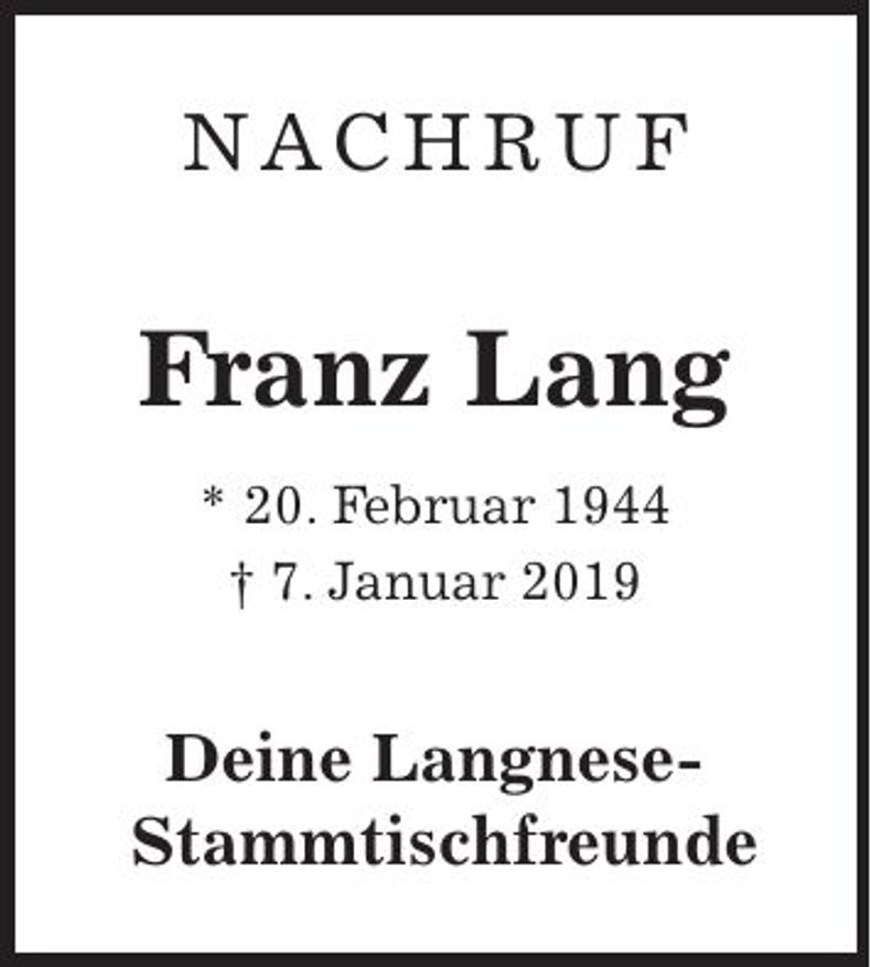 Traueranzeige Franz Lang