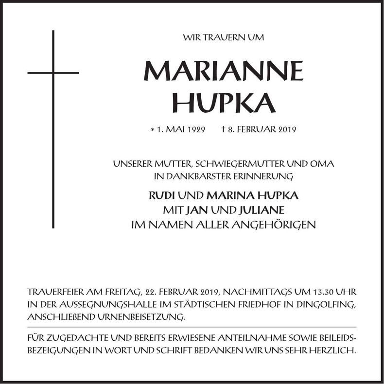 Traueranzeige Marianne Hupka