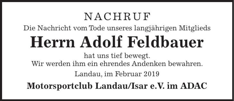 Traueranzeige Adolf Feldbauer