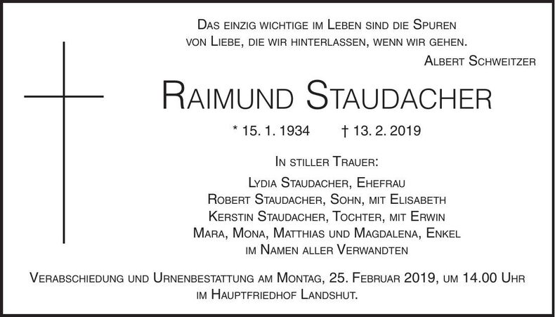 Traueranzeige Raimund Staudacher