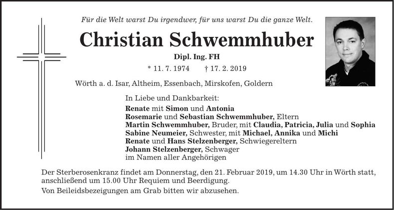 Traueranzeige Christian Schwemmhuber