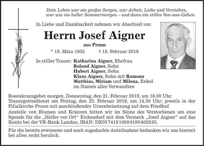 Traueranzeige Josef Aigner