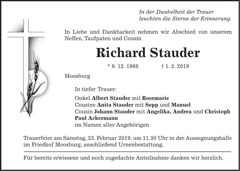 Traueranzeige Richard Stauder