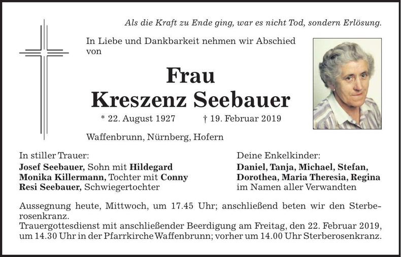 Traueranzeige Kreszenz Seebauer