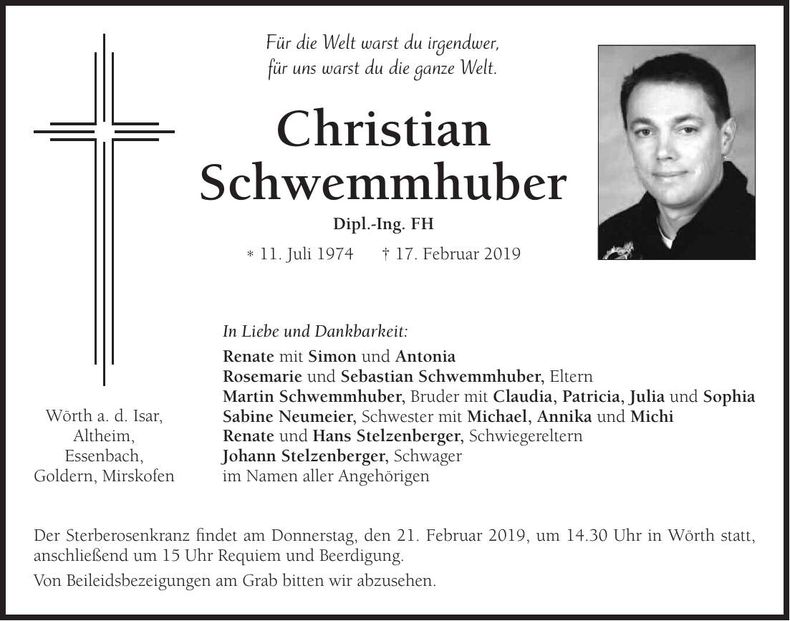 Traueranzeige Christian Schwemmhuber