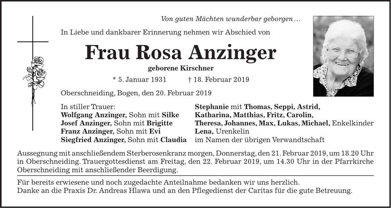 Traueranzeige Rosa Anzinger