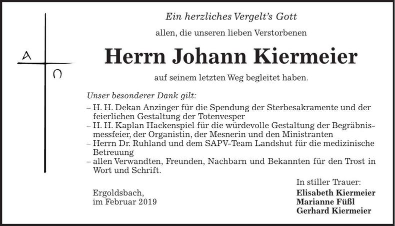 Traueranzeige Johann Kiermeier