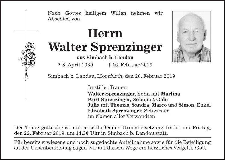 Traueranzeige Walter Sprenzinger