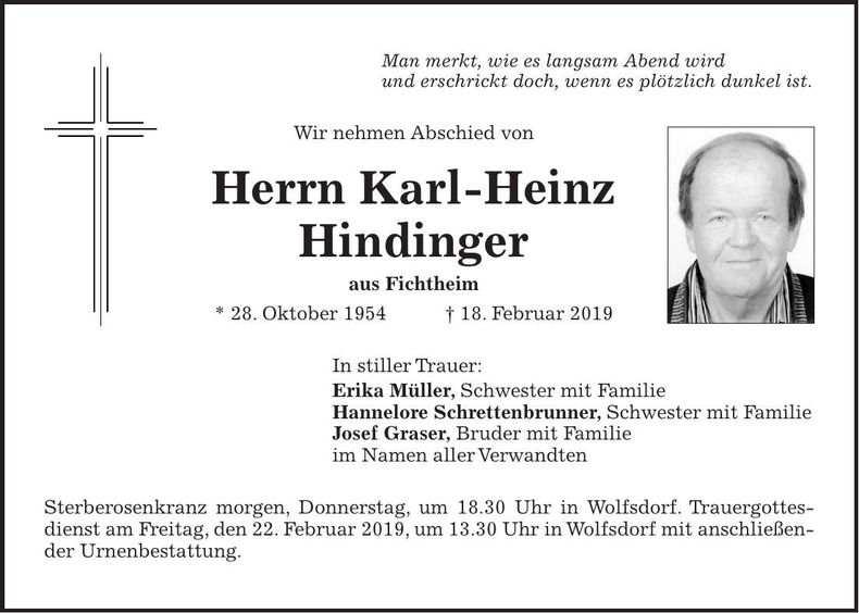 Traueranzeige Karl-Heinz Hindinger