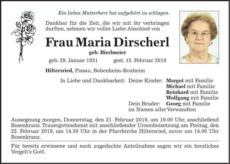 Traueranzeige Maria Dirscherl