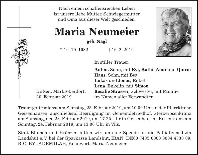 Traueranzeige Maria Neumaier