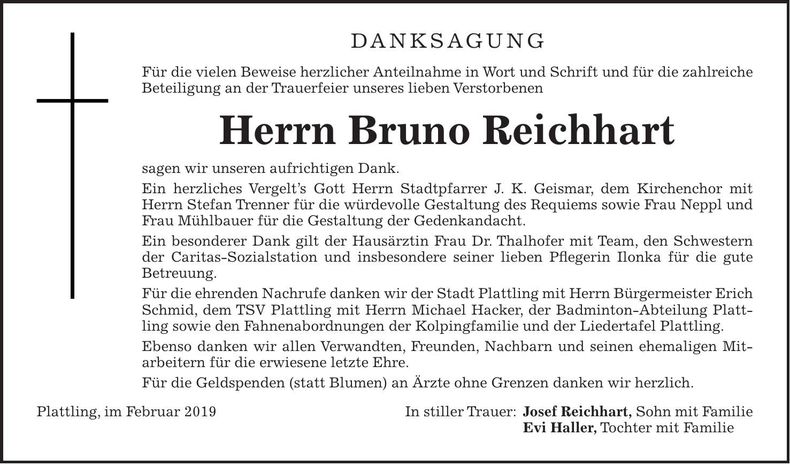 Traueranzeige Bruno Reichhart