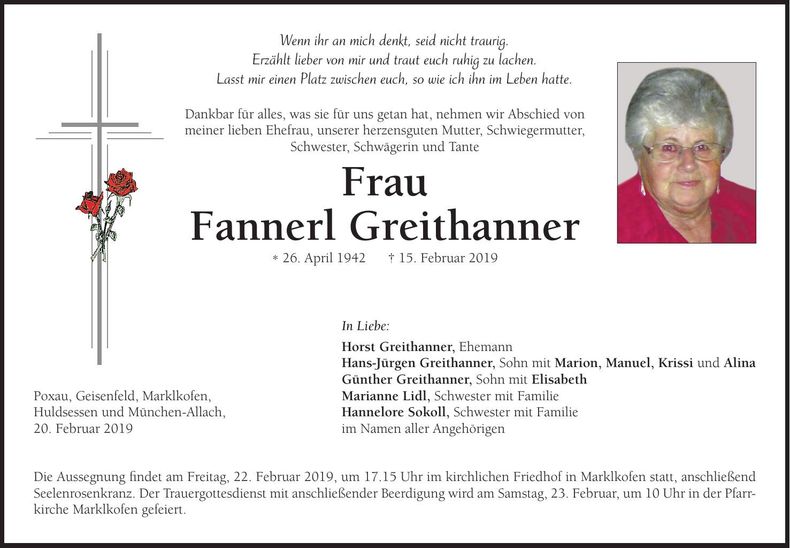 Traueranzeige Fannerl Greithanner