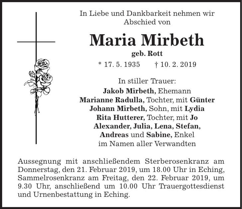 Traueranzeige Maria Mirbeth