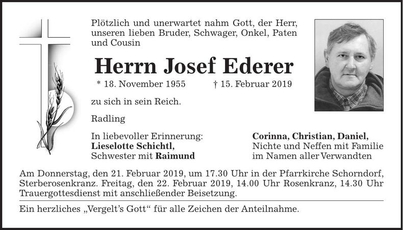 Traueranzeige Josef Ederer