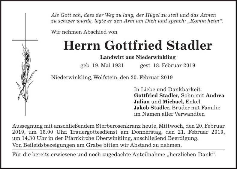 Traueranzeige Gottfried Stadler