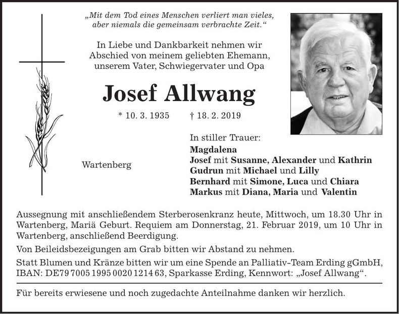 Traueranzeige Josef Allwang