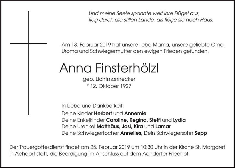 Traueranzeige Anna Finsterhölzl