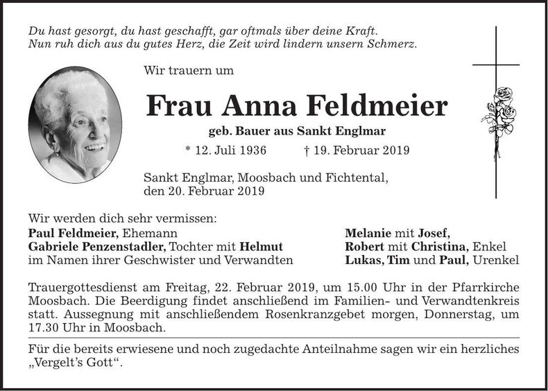 Traueranzeige Anna Feldmeier