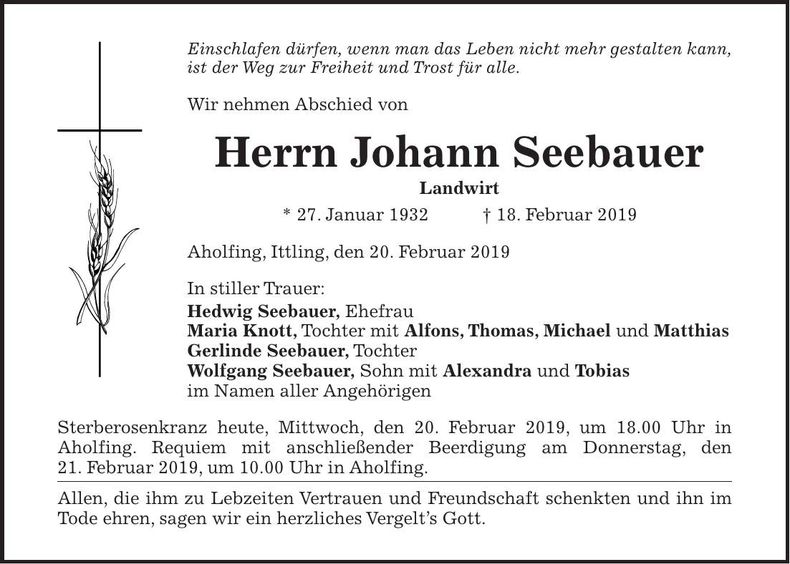 Traueranzeige Johann Seebauer