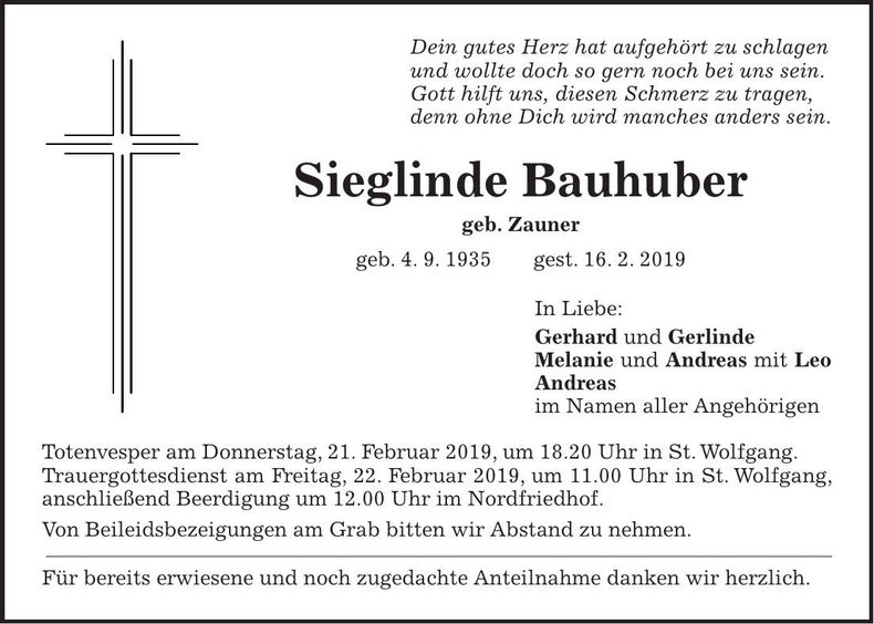 Traueranzeige Sieglinde Bauhuber